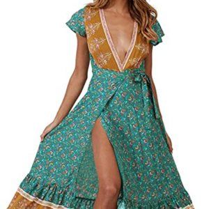 Bohemian Floral Printed Wrap V Neck Short Sleeve